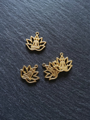4 or 20 Real Gold Plated Lotus Flower with Meditating Figure Charms 16.5x18mm Nickel FREE