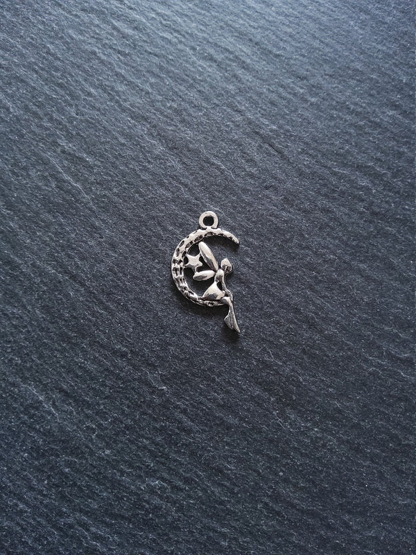 10 or 50 Fairy Crescent Moon Charms Antique Silver Tone 25x15mm