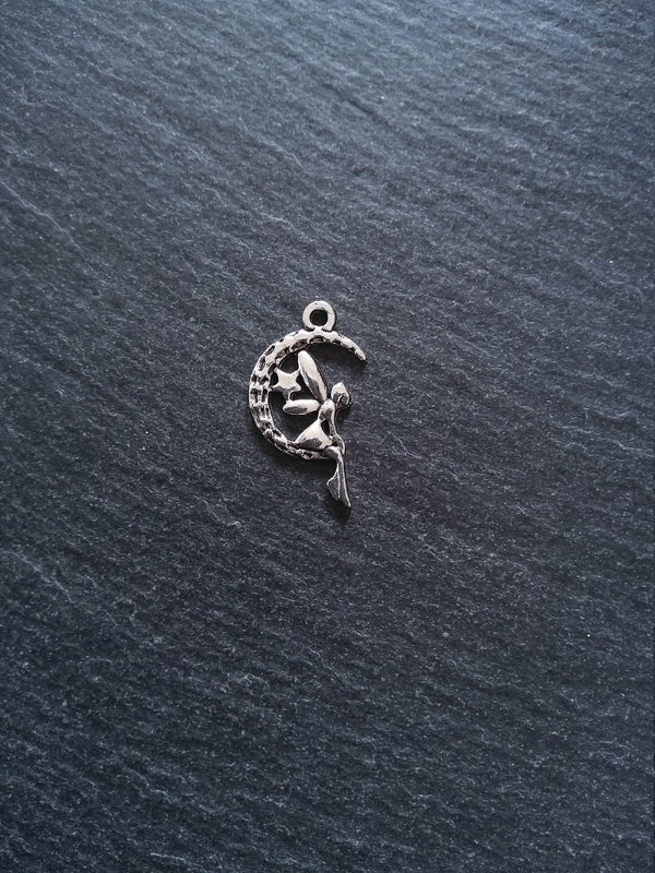 10 or 50 Fairy Crescent Moon Charms Antique Silver Tone 25x15mm