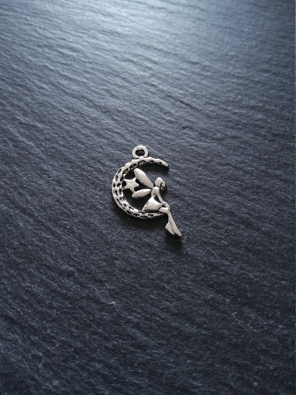 10 or 50 Fairy Crescent Moon Charms Antique Silver Tone 25x15mm