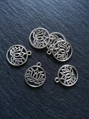 8 or 40 Round Lotus Flower Charms Antique Silver Tone 22x19mm
