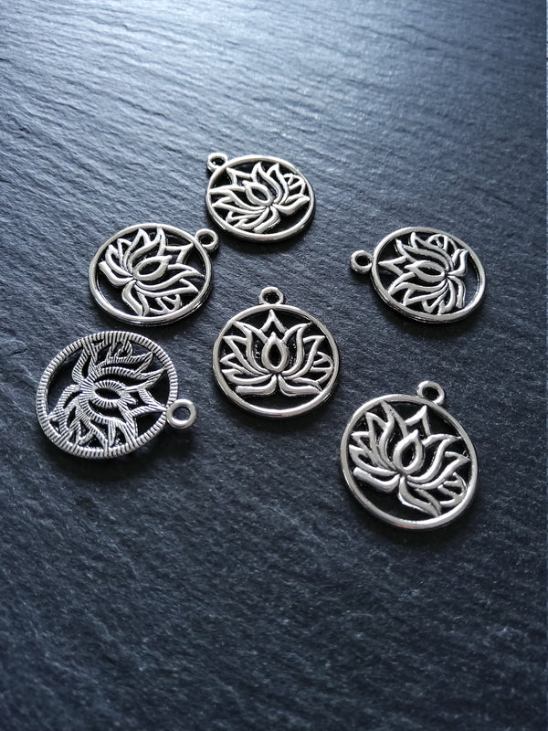 8 or 40 Round Lotus Flower Charms Antique Silver Tone 22x19mm