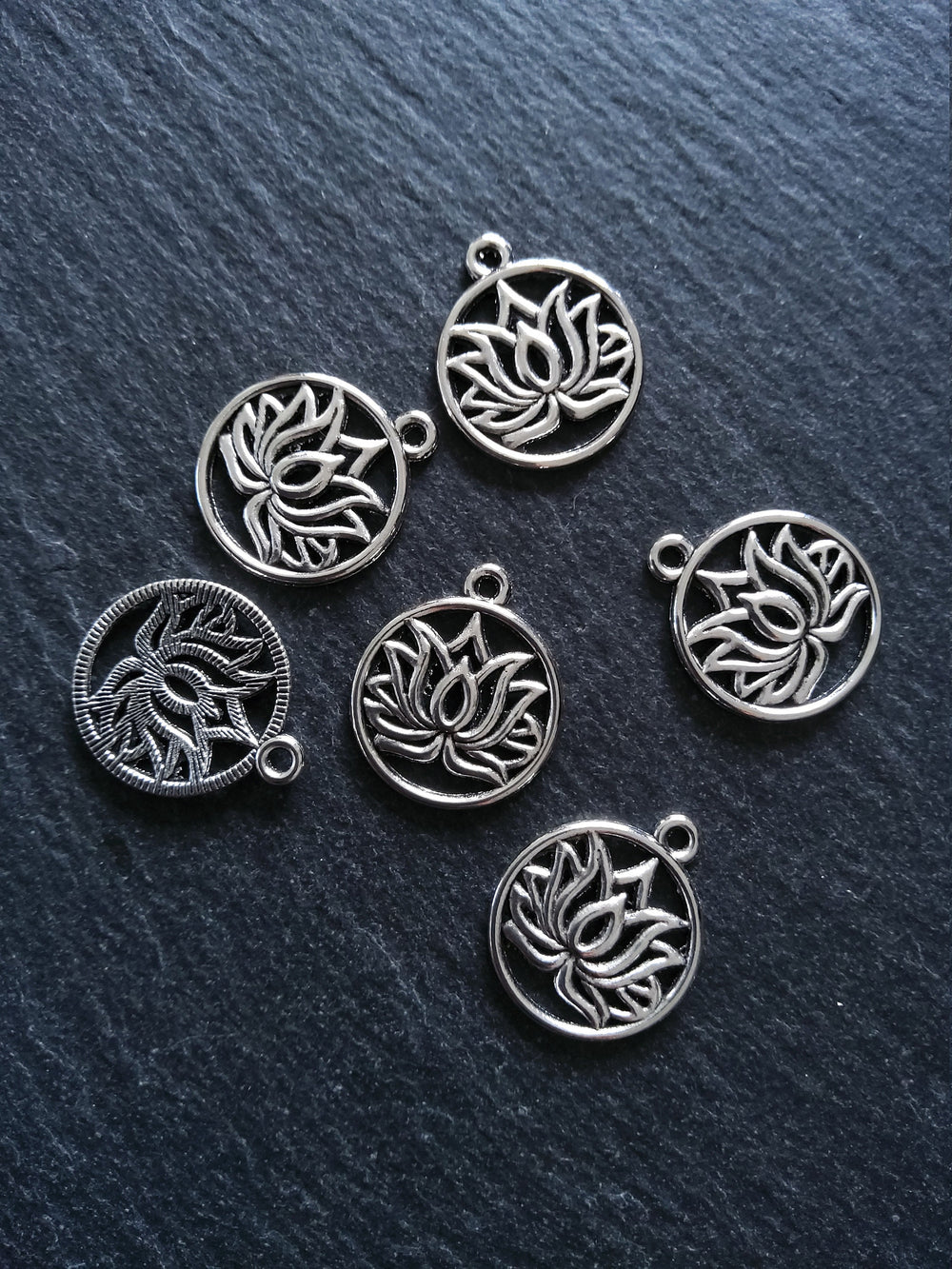 8 or 40 Round Lotus Flower Charms Antique Silver Tone 22x19mm
