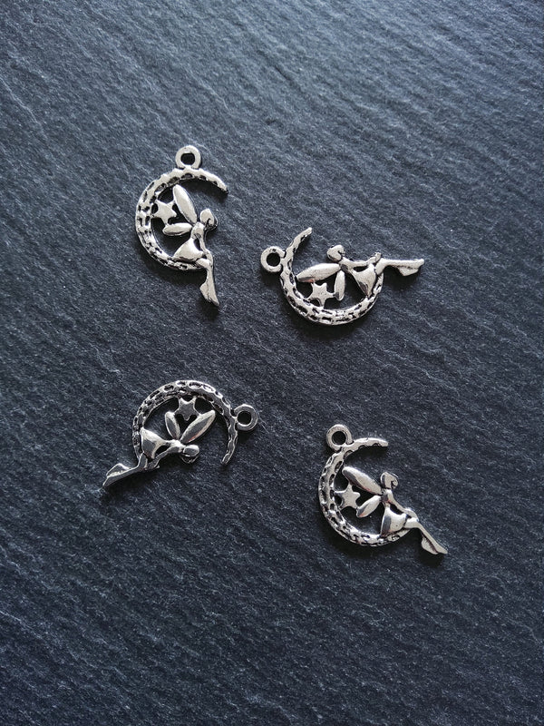 10 or 50 Fairy Crescent Moon Charms Antique Silver Tone 25x15mm