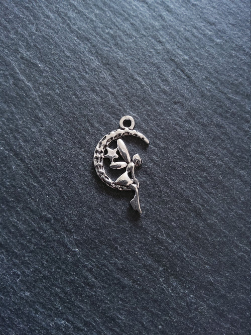 10 or 50 Fairy Crescent Moon Charms Antique Silver Tone 25x15mm