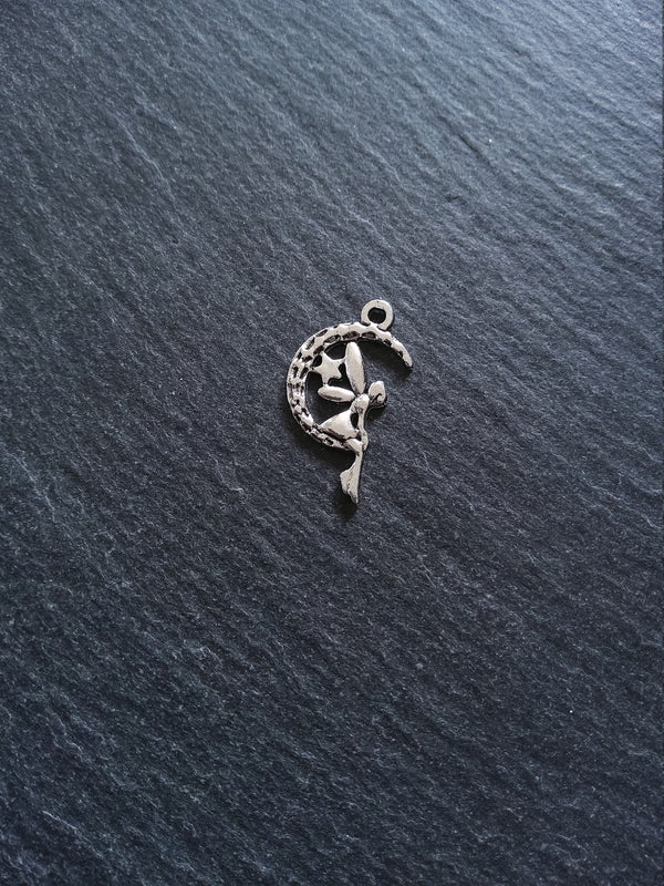 10 or 50 Fairy Crescent Moon Charms Antique Silver Tone 25x15mm