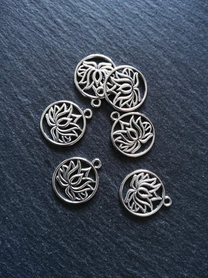 8 or 40 Round Lotus Flower Charms Antique Silver Tone 22x19mm