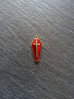 6 or 30 Coffin Shaped Pale Gold Cross Pendant with Red Enamel 25x11x3mm