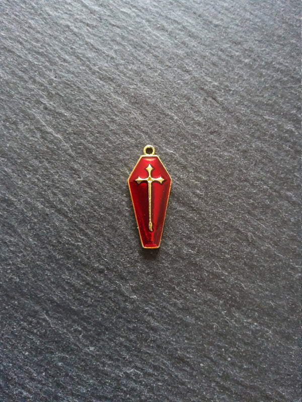 6 or 30 Coffin Shaped Pale Gold Cross Pendant with Red Enamel 25x11x3mm