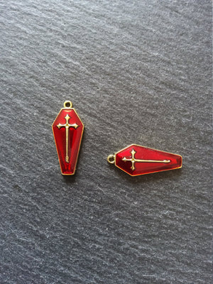 6 or 30 Coffin Shaped Pale Gold Cross Pendant with Red Enamel 25x11x3mm