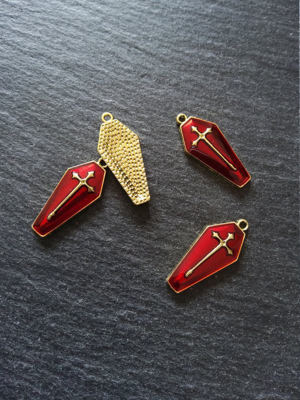 6 or 30 Coffin Shaped Pale Gold Cross Pendant with Red Enamel 25x11x3mm