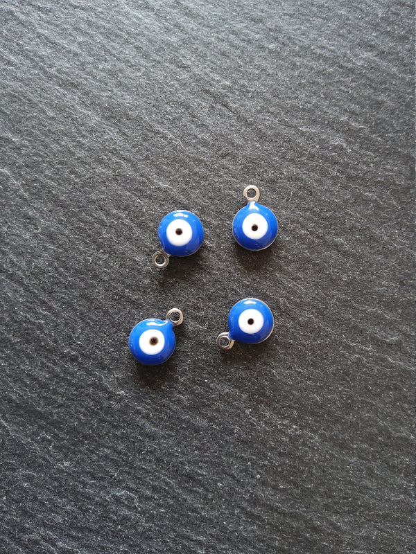 6 or 30 Evil Eye Charms Stainless Steel with Blue & White Enamel Double Sided 11x8x3mm