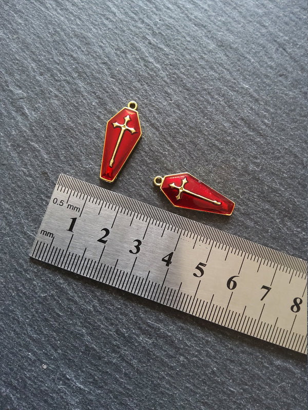 6 or 30 Coffin Shaped Pale Gold Cross Pendant with Red Enamel 25x11x3mm