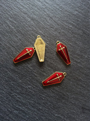 6 or 30 Coffin Shaped Pale Gold Cross Pendant with Red Enamel 25x11x3mm