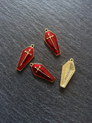 6 or 30 Coffin Shaped Pale Gold Cross Pendant with Red Enamel 25x11x3mm