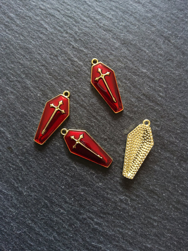6 or 30 Coffin Shaped Pale Gold Cross Pendant with Red Enamel 25x11x3mm