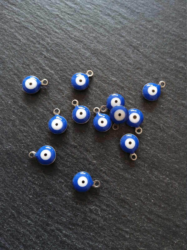 6 or 30 Evil Eye Charms Stainless Steel with Blue & White Enamel Double Sided 11x8x3mm