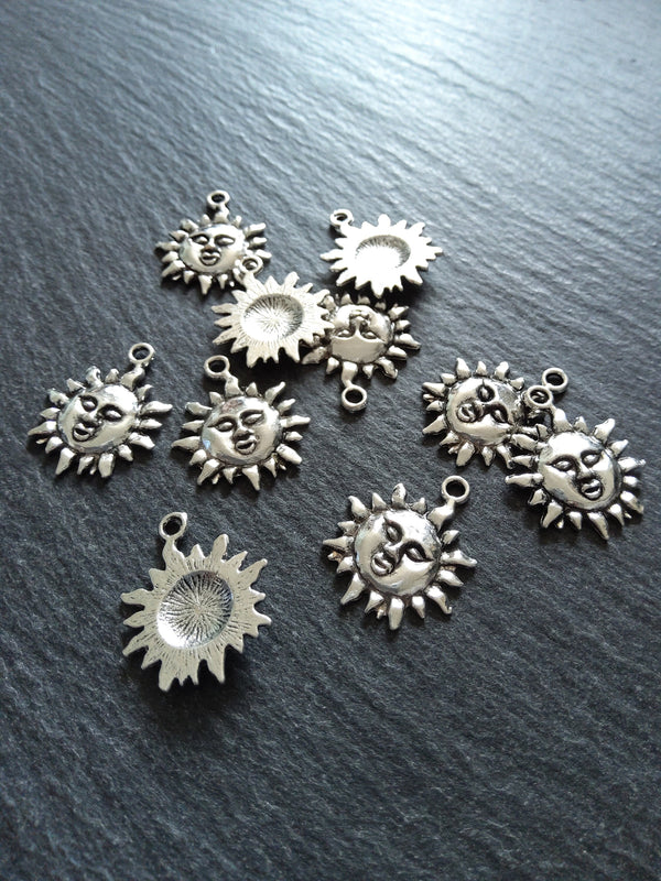 10 or 50 Sun Face Charms Antique Silver Tone 23x19mm