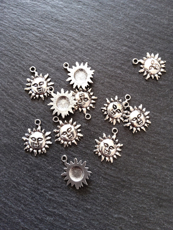 10 or 50 Sun Face Charms Antique Silver Tone 23x19mm