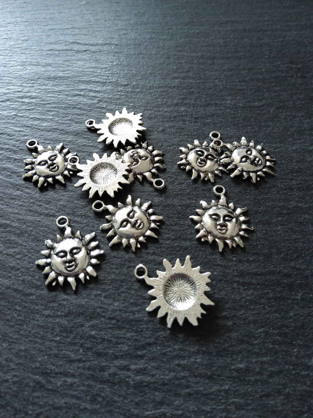 10 or 50 Sun Face Charms Antique Silver Tone 23x19mm