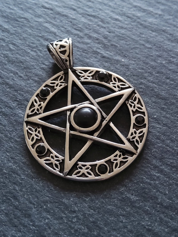 Pentagram Pendant Surgical Steel with Black Cabochon & Rhinestones 37x28mm