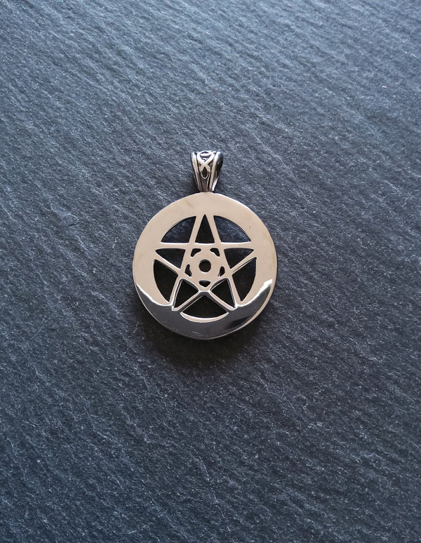 Pentagram Pendant Surgical Steel with Black Cabochon & Rhinestones 37x28mm