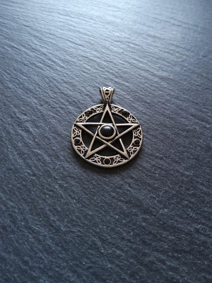 Pentagram Pendant Surgical Steel with Black Cabochon & Rhinestones 37x28mm