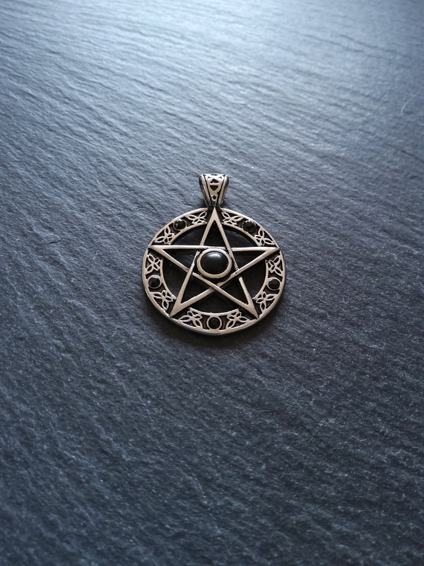 Pentagram Pendant Surgical Steel with Black Cabochon & Rhinestones 37x28mm