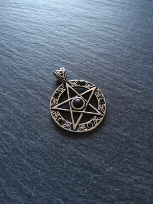 Pentagram Pendant Surgical Steel with Black Cabochon & Rhinestones 37x28mm