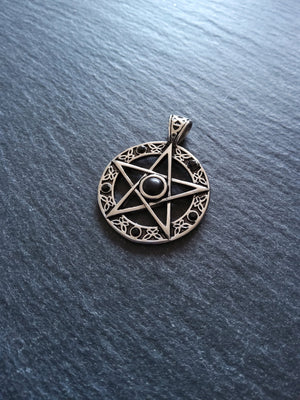 Pentagram Pendant Surgical Steel with Black Cabochon & Rhinestones 37x28mm