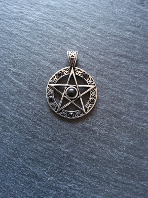 Pentagram Pendant Surgical Steel with Black Cabochon & Rhinestones 37x28mm