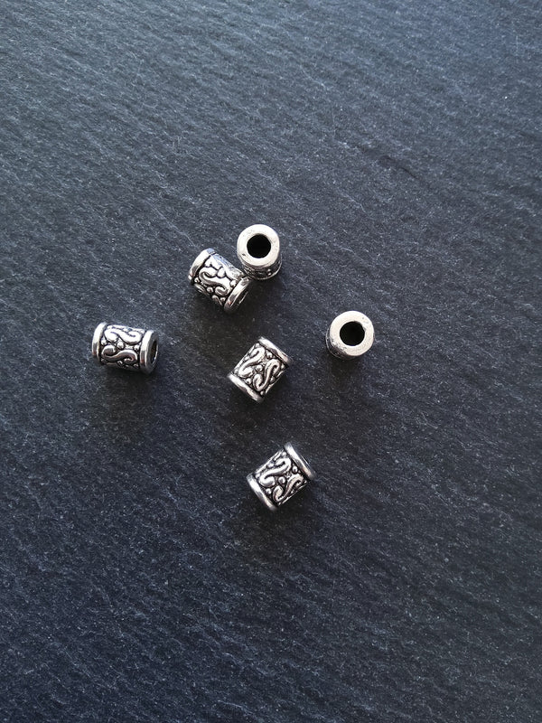 12 or 60 Patterned 7mm Column Spacer Beads Antique Silver Tone Alloy 7x9mm Hole: 3.6mm