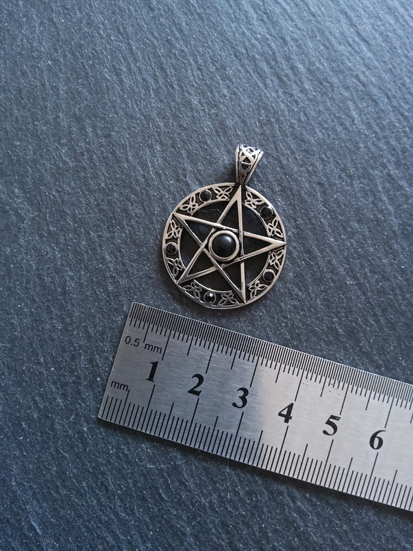 Pentagram Pendant Surgical Steel with Black Cabochon & Rhinestones 37x28mm