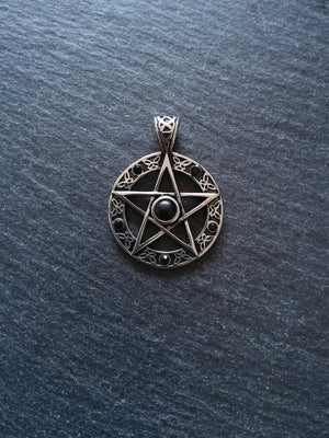 Pentagram Pendant Surgical Steel with Black Cabochon & Rhinestones 37x28mm