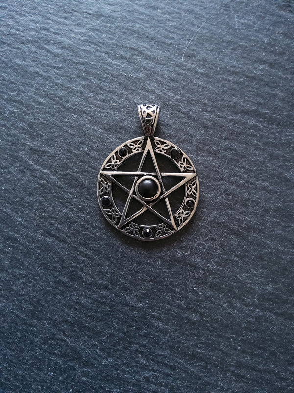 Pentagram Pendant Surgical Steel with Black Cabochon & Rhinestones 37x28mm