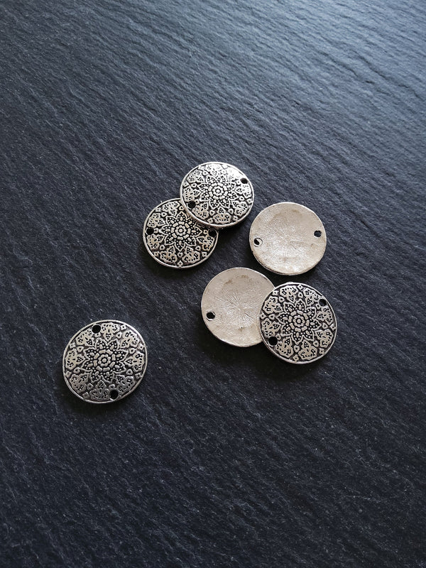 6 or 30 Antique Silver Tone 19mm Flower Mandala Round Disc Connector Charms
