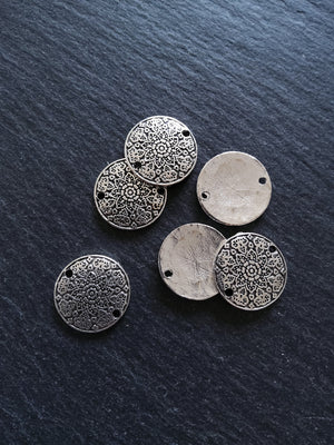 6 or 30 Antique Silver Tone 19mm Flower Mandala Round Disc Connector Charms