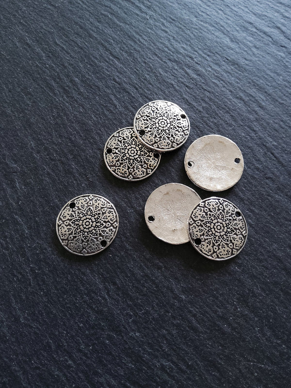 6 or 30 Antique Silver Tone 19mm Flower Mandala Round Disc Connector Charms