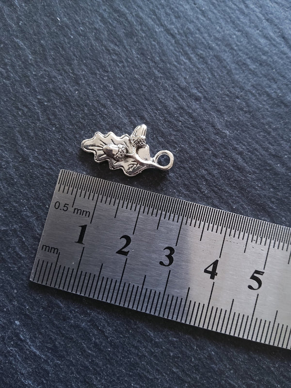 8 or 40 Small Acorn Oak Leaf Charms Antique Silver Tone 22x12mm