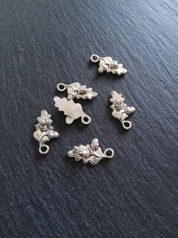 8 or 40 Small Acorn Oak Leaf Charms Antique Silver Tone 22x12mm