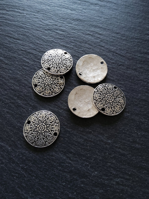 6 or 30 Antique Silver Tone 19mm Flower Mandala Round Disc Connector Charms