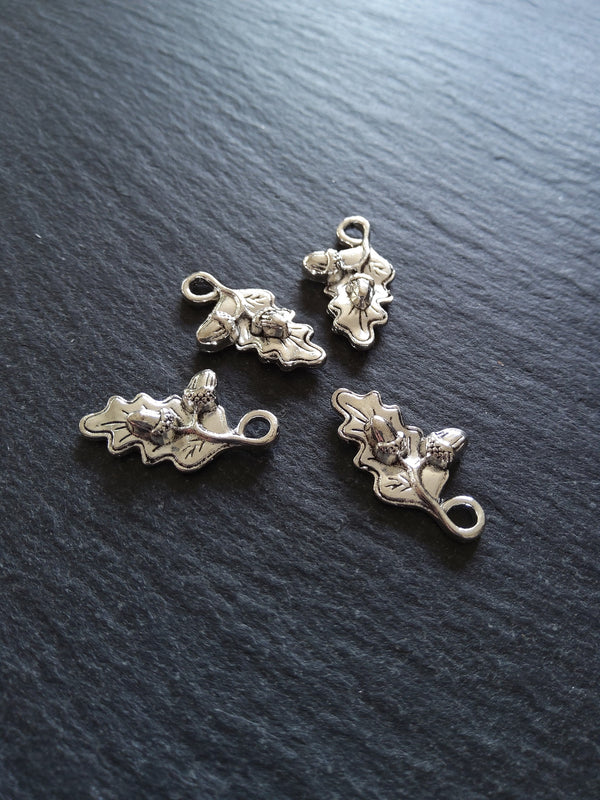 8 or 40 Small Acorn Oak Leaf Charms Antique Silver Tone 22x12mm