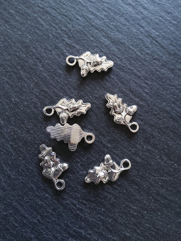8 or 40 Small Acorn Oak Leaf Charms Antique Silver Tone 22x12mm