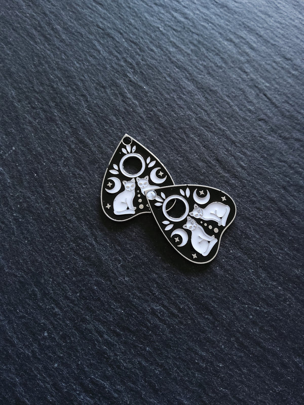 2 or 10 Silver Tone Ouija Cat Planchette Charms with Black & White Enamel 26x22mm