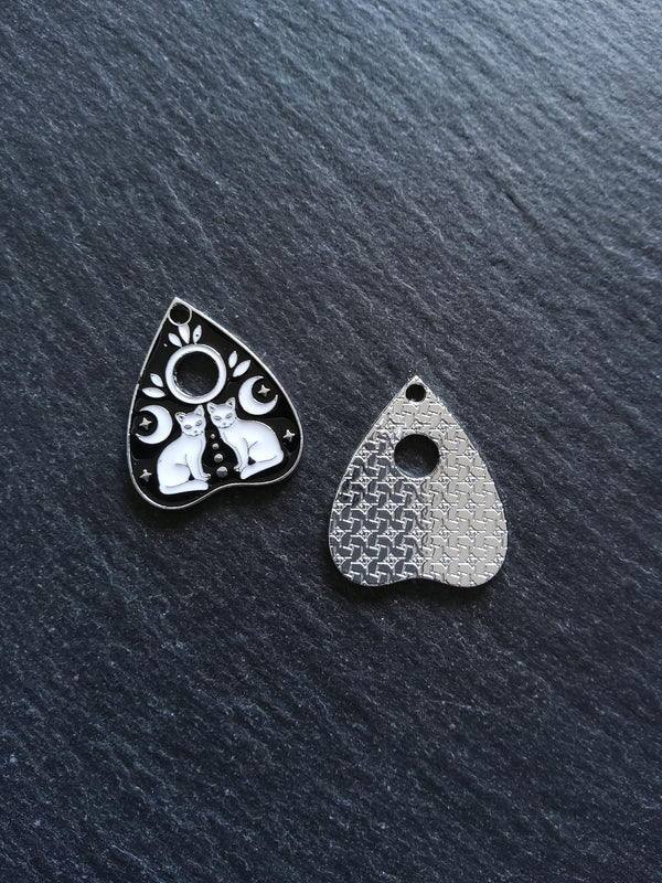 2 or 10 Silver Tone Ouija Cat Planchette Charms with Black & White Enamel 26x22mm