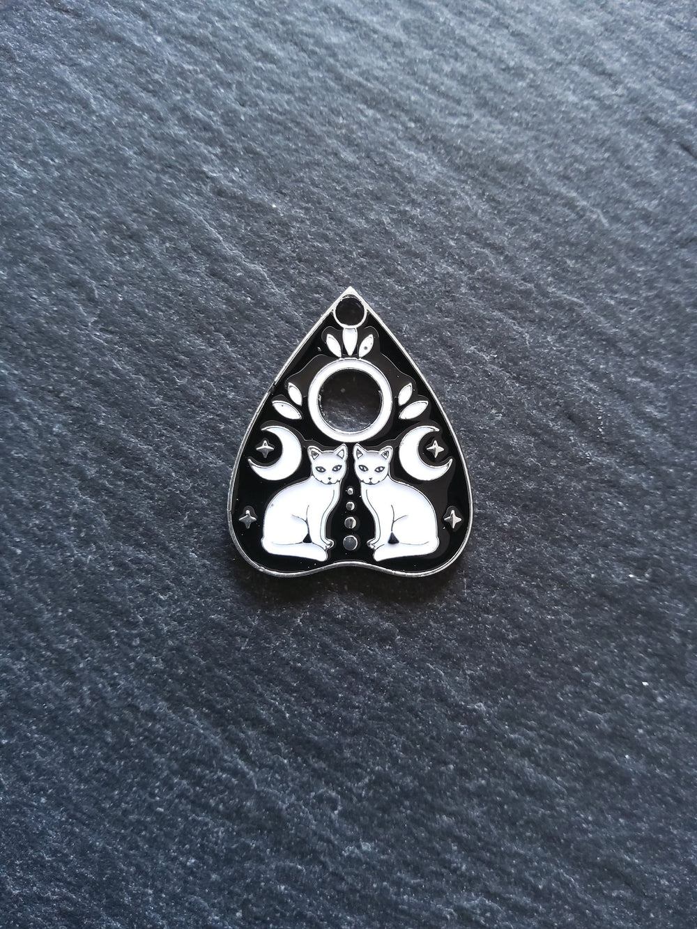 2 or 10 Silver Tone Ouija Cat Planchette Charms with Black & White Enamel 26x22mm