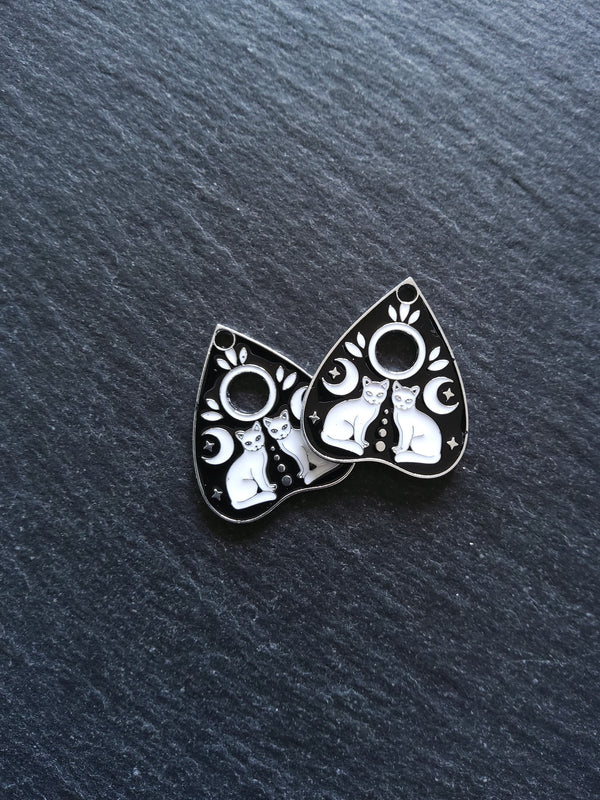 2 or 10 Silver Tone Ouija Cat Planchette Charms with Black & White Enamel 26x22mm