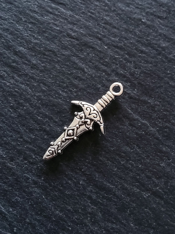10 or 50 Sword Charms Antique Silver Tone Metal Alloy 28x13mm