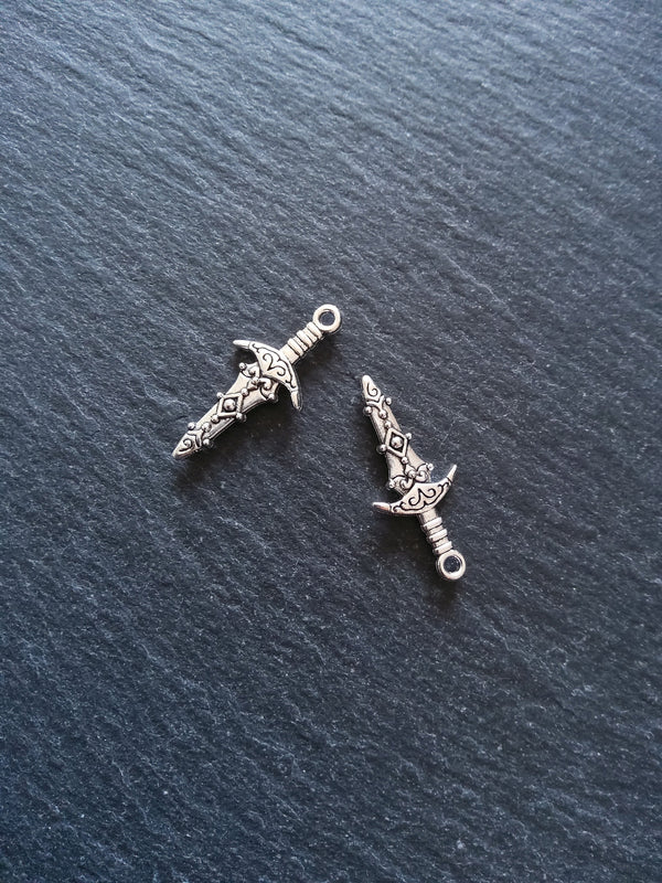10 or 50 Sword Charms Antique Silver Tone Metal Alloy 28x13mm