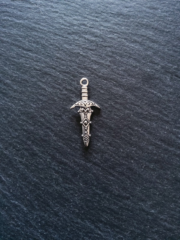 10 or 50 Sword Charms Antique Silver Tone Metal Alloy 28x13mm